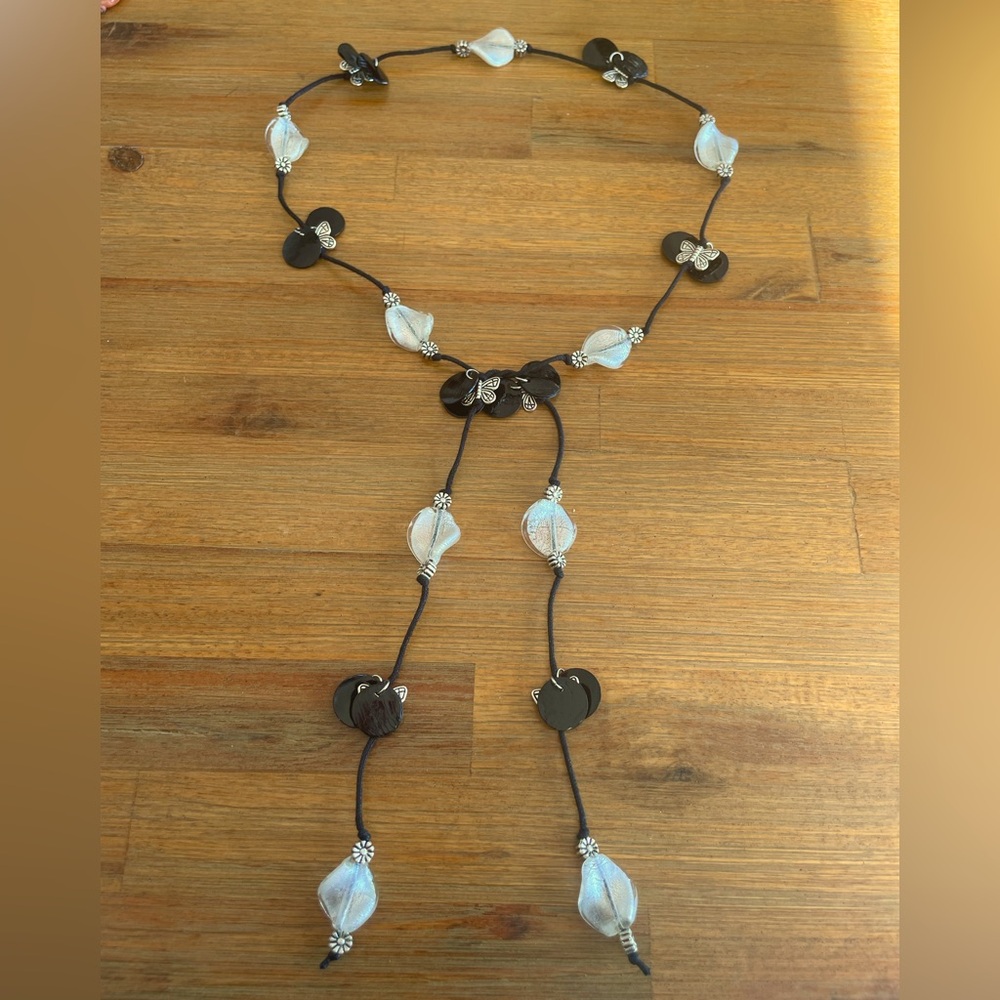 Handmade White Foil Lined Glass Twist Bead Lariat Style Necklace w/ Butterflies